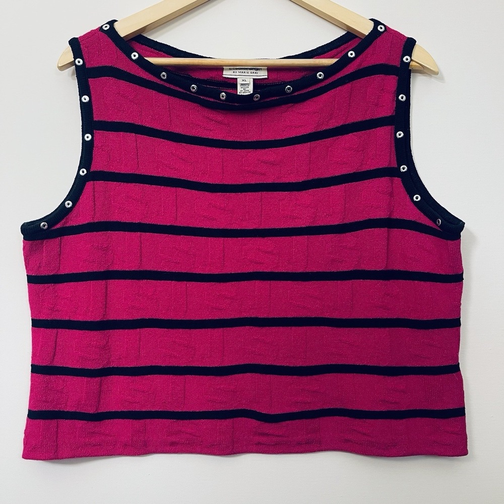 St John Y2K Studded Knit Crop Top Hot Pink Black Wool Edgy Baddie Grunge Sz‎ L
